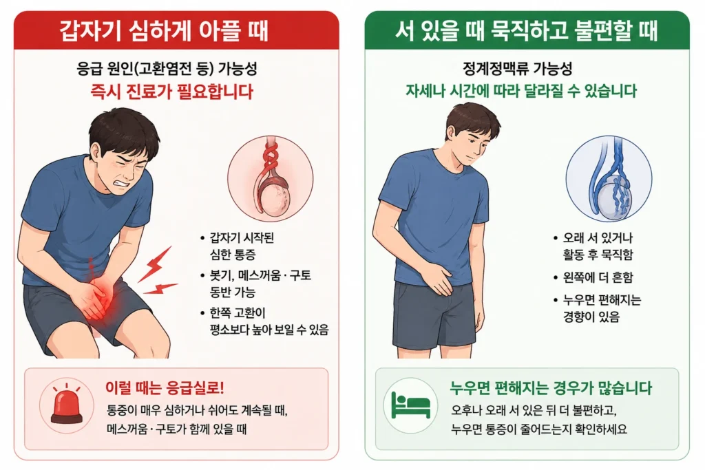 왼쪽 고환이 갑자기 심하게 아픈 경우와 오래 서 있을 때 묵직하고 누우면 편해지는 경우를 비교한 이미지