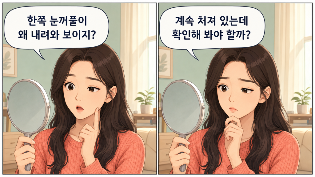 같은 캐릭터가 등장하는 가로형 2컷 만화. 1컷 대사 “한쪽 눈꺼풀이 왜 내려와 보이지?” 2컷 대사 “계속 처져 있는데 확인해 봐야 할까? 확인해보는 일러스트