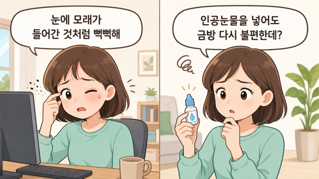같은 캐릭터가 등장하는 가로형 2컷 만화. 1컷 대사 “눈에 모래가 들어간 것처럼 뻑뻑해” 2컷 대사 “인공눈물을 넣어도 금방 다시 불편한데?"하는 일러스트