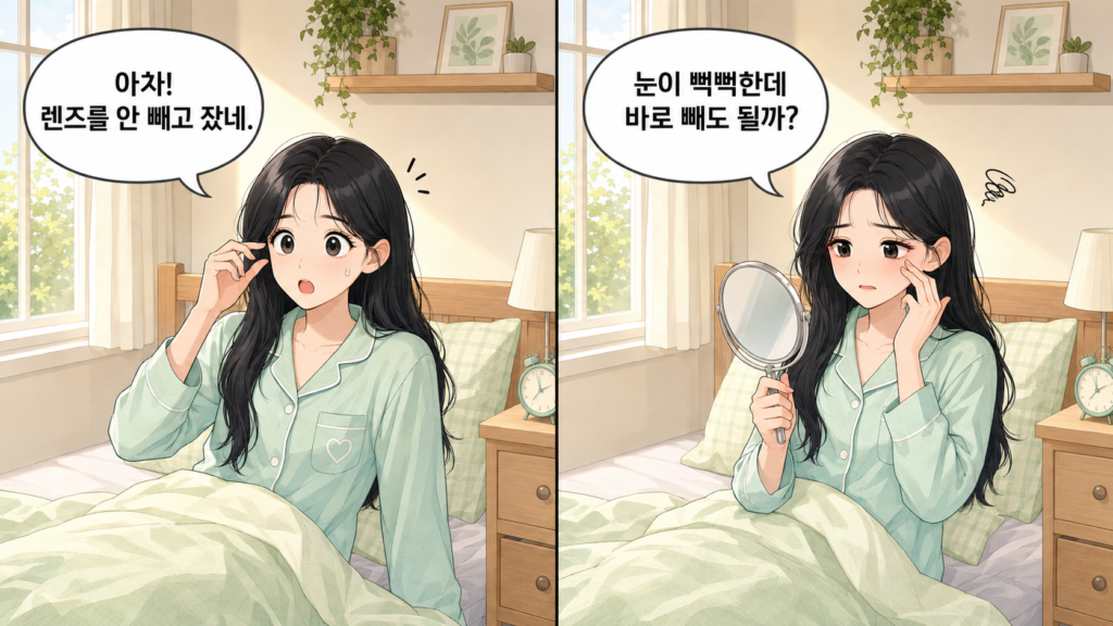 같은 캐릭터가 등장하는 가로형 2컷 만화. 1컷 대사 “아차! 렌즈를 안 빼고 잤네.” 2컷 대사 “눈이 뻑뻑한데 바로 빼도 될까?