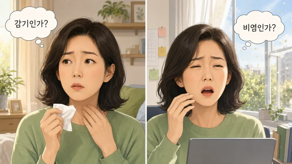 같은 한국인 캐릭터가 등장하는 가로형 2컷 만화. 1컷은 휴지로 맑은 콧물을 닦으며 “왜 이렇게 맑은 콧물이 계속 나오지?”라고 말하는 장면, 2컷은 재채기한 뒤 “감기야, 비염이야?”라고 고민하는 장면