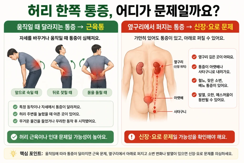 허리를 굽히거나 젖히고 돌릴 때 통증이 달라지는 근육통과, 옆구리에서 아랫배·사타구니로 내려가는 신장·요로 통증 경로를 비교한 이미지