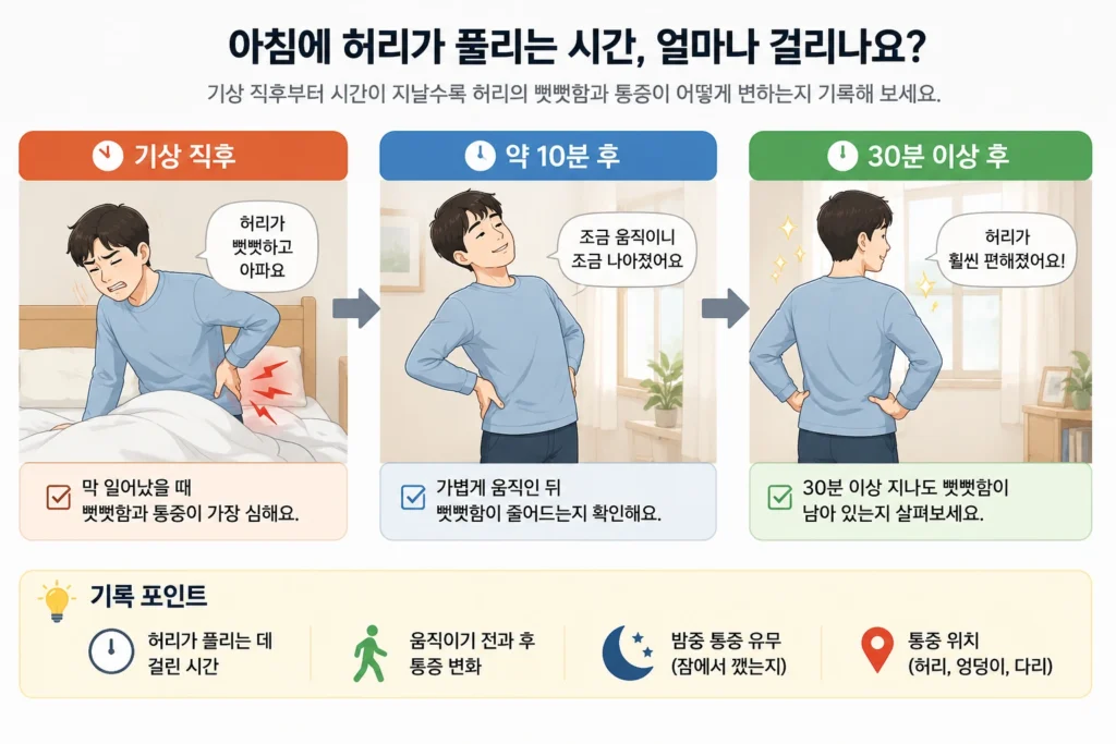 기상 직후와 약 10분 후, 30분 이상 지난 뒤의 허리 뻣뻣함과 통증 변화를 시간대별로 기록하는 아침 허리 통증 이미지