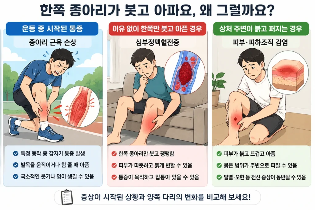 운동 중 갑자기 시작된 종아리 근육 통증, 다친 기억 없이 한쪽만 붓고 따뜻한 혈전 의심 상황, 상처 주변 피부가 붉게 퍼지는 감염 상황을 시작 원인별로 비교한 이미지