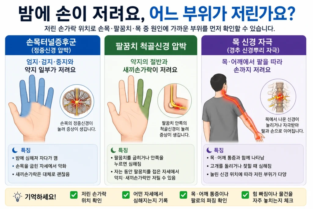 손목터널증후군은 엄지·검지·중지와 약지 일부, 팔꿈치 척골신경 압박은 약지와 새끼손가락, 목 신경 자극은 목에서 팔과 손으로 이어지는 저림 범위를 비교한 이미지
