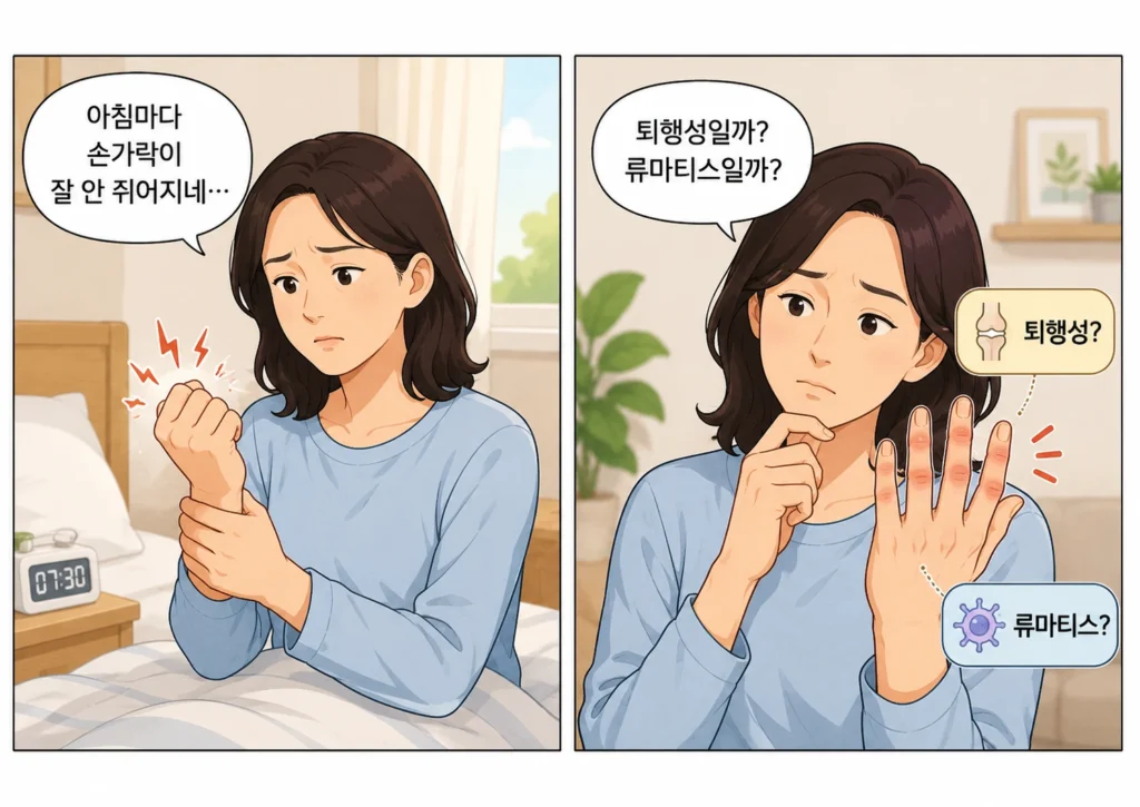 아침에 손가락이 잘 쥐어지지 않아 불편해하는 사람이 손가락 마디를 살펴보며 퇴행성관절염인지 류마티스관절염인지 고민하는 2컷 만화