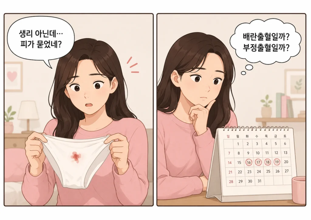 생리 기간이 아닌데 속옷에 피가 묻어 당황한 여성이 달력을 보며 배란출혈인지 부정출혈인지 고민하는 2컷 만화