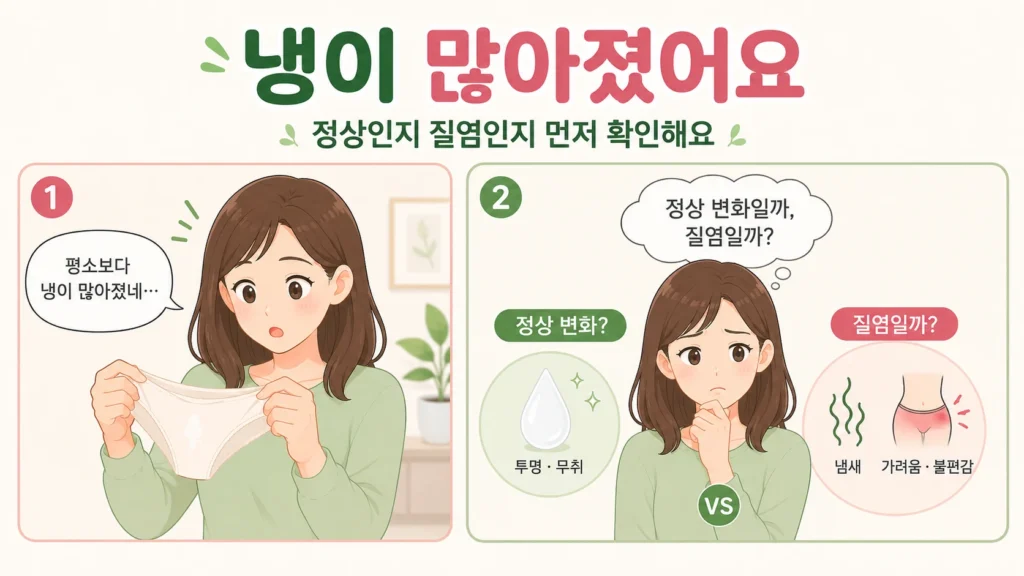 평소보다 냉이 많아진 여성이 정상 분비물인지 질염인지 냄새와 가려움 여부를 비교하는 2컷 이미지
