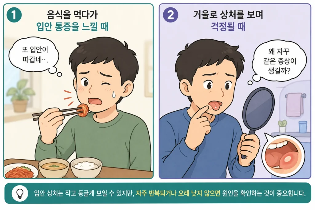 음식을 먹다가 입안 통증을 느낀 뒤 거울로 반복되는 구내염 상처를 확인하는 2컷 이미지
