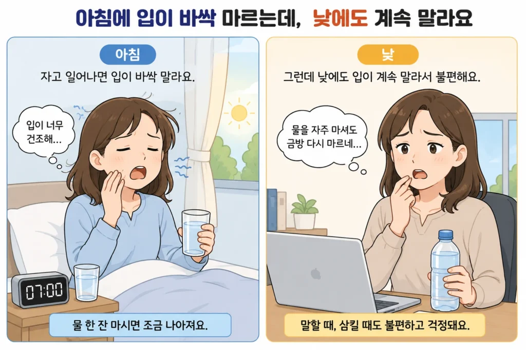 아침에 입이 바싹 말라 물을 찾고 낮에도 물을 마셔도 입마름이 계속되는 여성을 비교한 2컷 이미지
