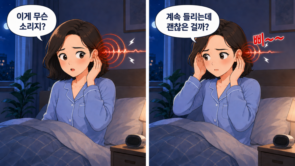 귀에서 삐 소리가 계속 들려 증상을 확인하고 걱정하는 여성의 2컷 만화
