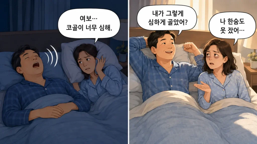 밤새 심하게 코를 고는 남편에게 잠을 못 잤다고 말하는 아내와 다음 날 대화하는 부부의 2컷 그림