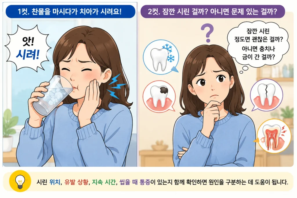 찬물을 마시다가 치아가 시린 여성이 잠깐 시린 증상인지 충치나 금 간 치아인지 걱정하는 2컷 이미지