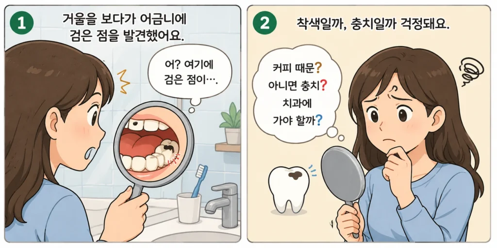 거울로 어금니의 검은 점을 발견한 여성이 단순 착색인지 충치인지 걱정하는 2컷 이미지