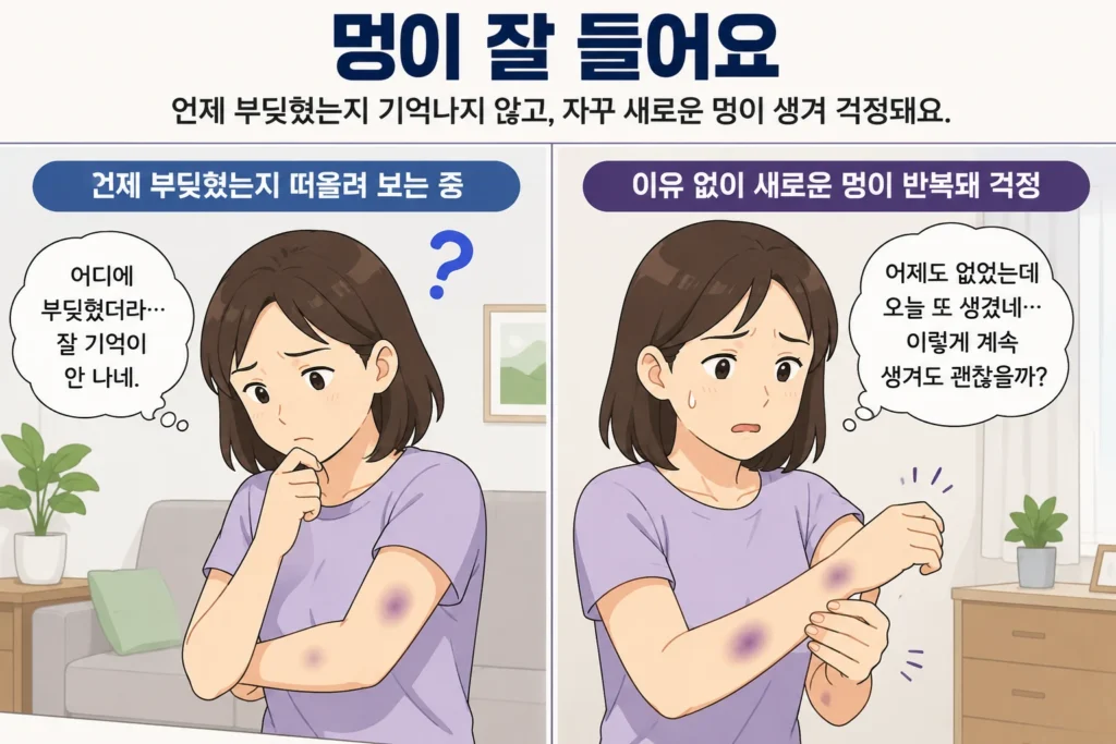 팔의 멍을 보며 어디에 부딪혔는지 떠올리는 여성과 이유 없이 새로운 멍이 반복돼 걱정하는 모습을 비교한 2컷 이미지