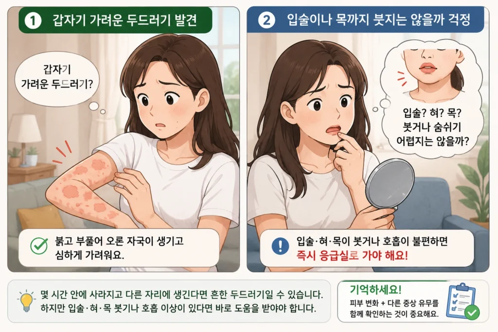 팔에 갑자기 가렵고 부풀어 오른 두드러기를 발견한 여성과 입술·혀·목이 붓거나 호흡이 불편해지는지 걱정하는 모습을 비교한 2컷 이미지