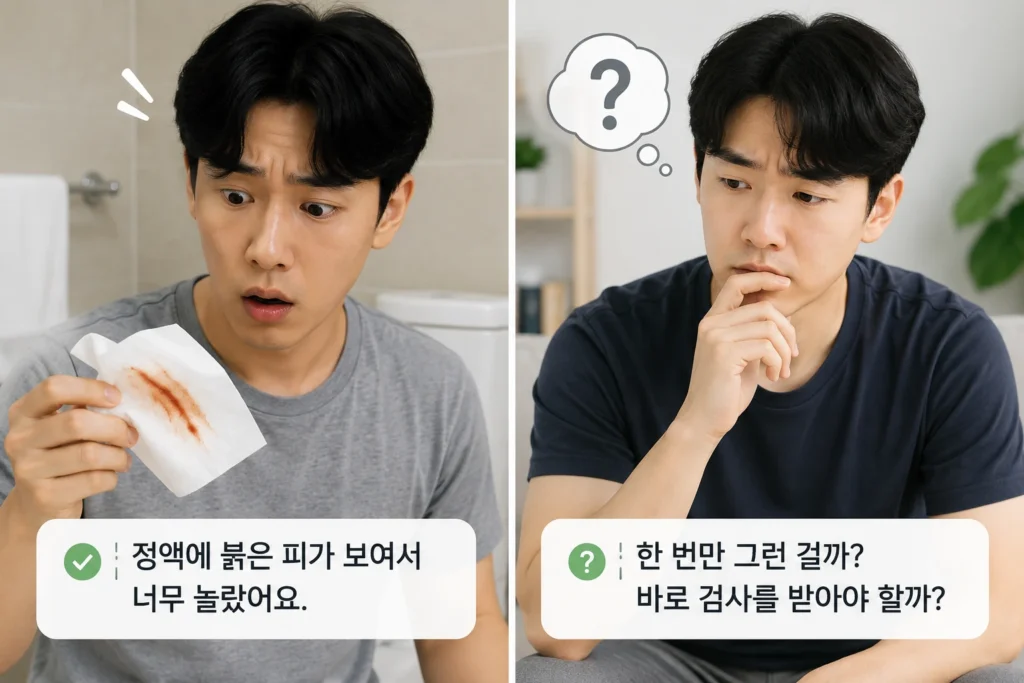 정액에 붉은 피가 보여 놀란 남성과 한 번만 나타난 변화인지 검사가 필요한지 걱정하는 남성을 두 장면으로 보여주는 이미지