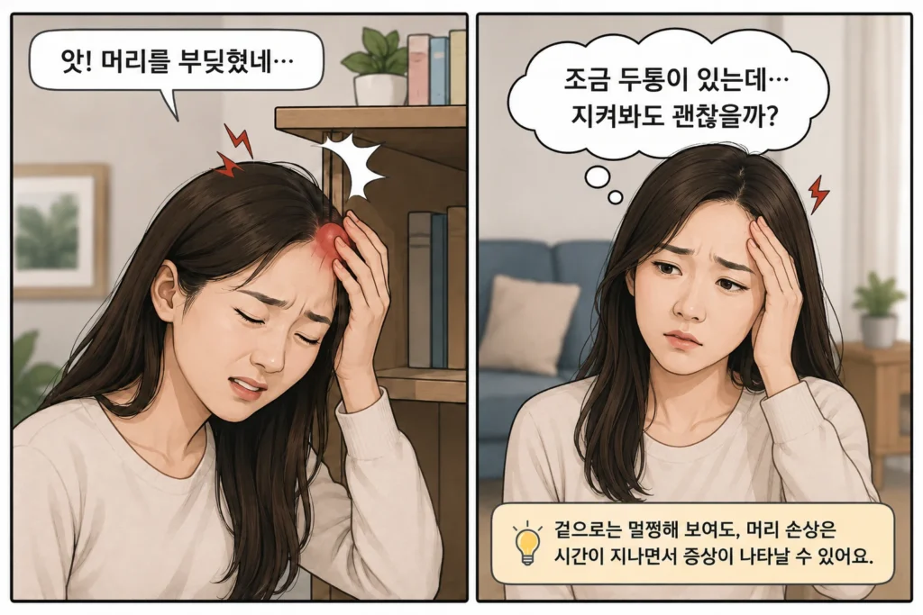 머리를 선반에 부딪힌 뒤 아픈 부위를 짚는 여성과 이후에도 두통이 남아 지켜봐도 되는지 걱정하는 여성을 보여주는 2컷 이미지