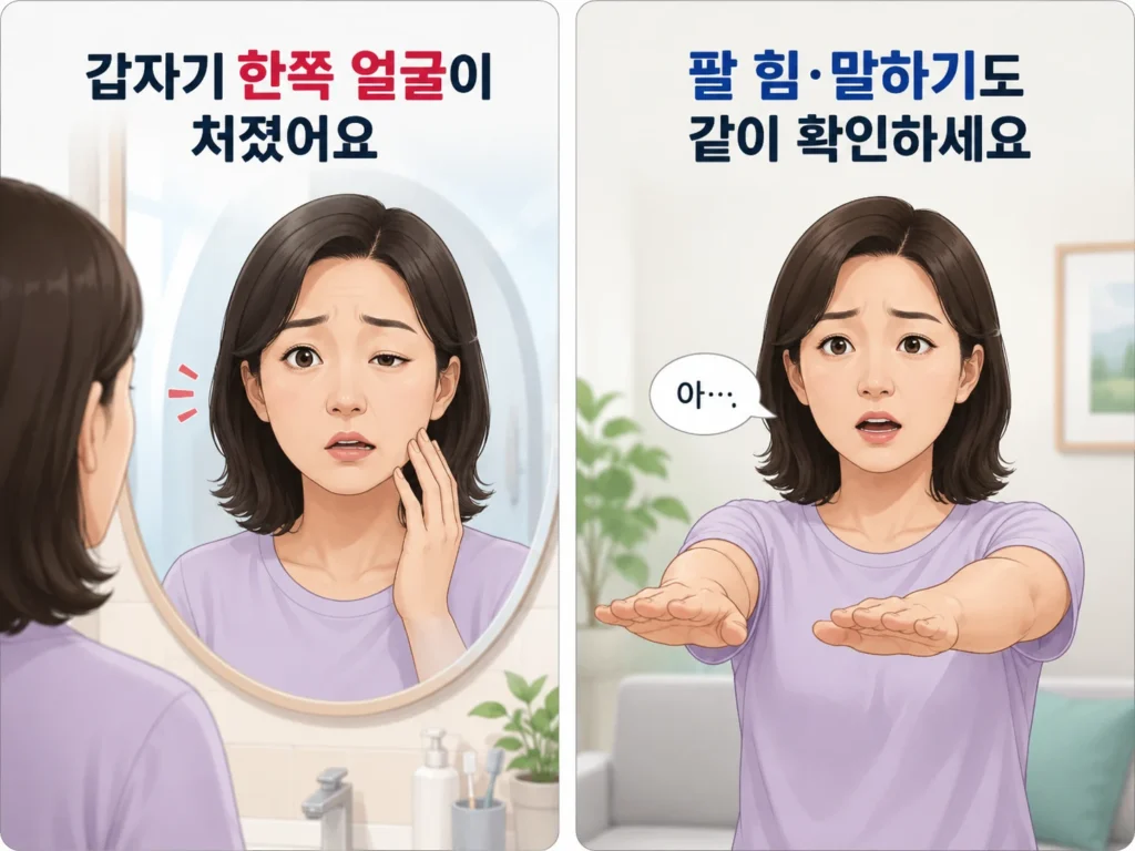 거울을 보며 한쪽 얼굴 처짐을 발견한 여성과 양팔을 앞으로 들어 팔 힘과 말하기 이상을 함께 확인하는 여성을 보여주는 2컷 이미지