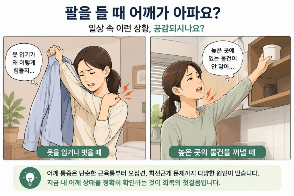 옷을 입거나 벗을 때와 높은 선반의 물건을 꺼낼 때 팔을 들어 올리며 어깨 통증을 느끼는 여성의 두 장면 비교 이미지