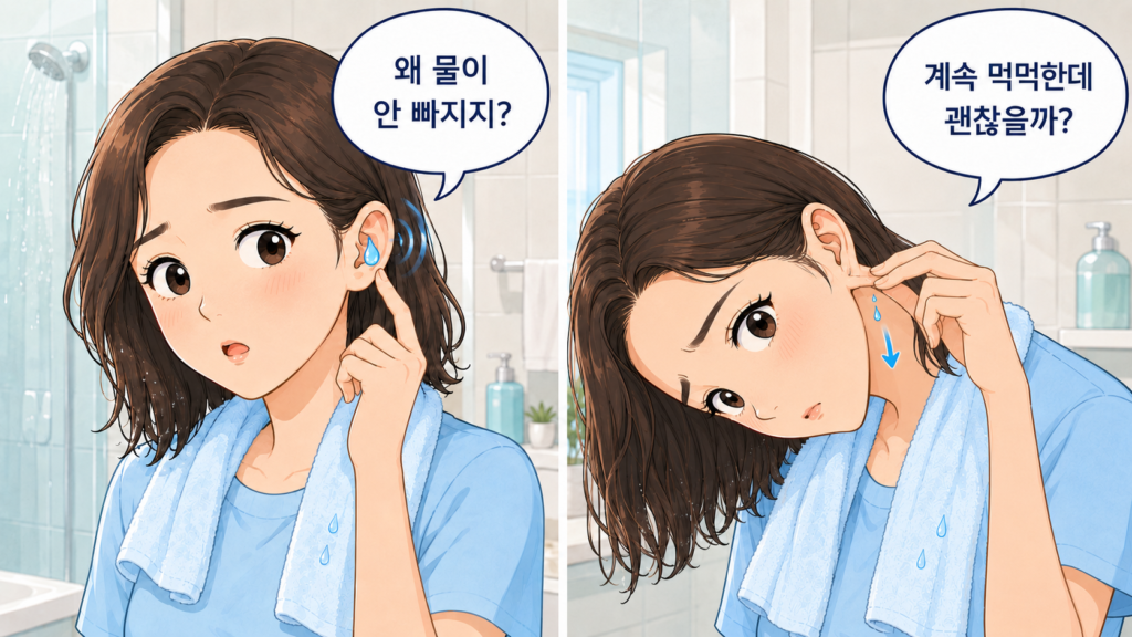 귀에 들어간 물이 빠지지 않아 확인하고 걱정하는 일반인의 2컷 만화