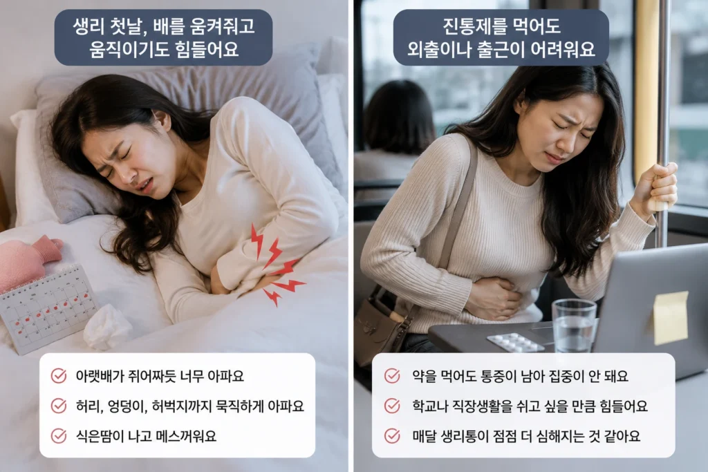 생리 첫날 심한 아랫배 통증으로 침대에 누워 있고, 진통제를 먹어도 외출이나 출근이 어려운 여성의 두 장면 비교 이미지