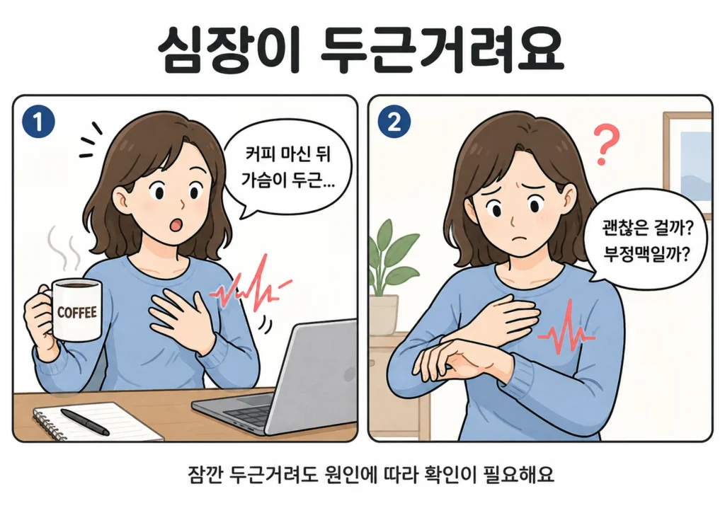 커피를 마신 뒤 가슴이 두근거려 놀라는 여성과 손목 맥박을 확인하며 일시적인 반응인지 부정맥인지 걱정하는 모습을 담은 공감형 2컷 만화