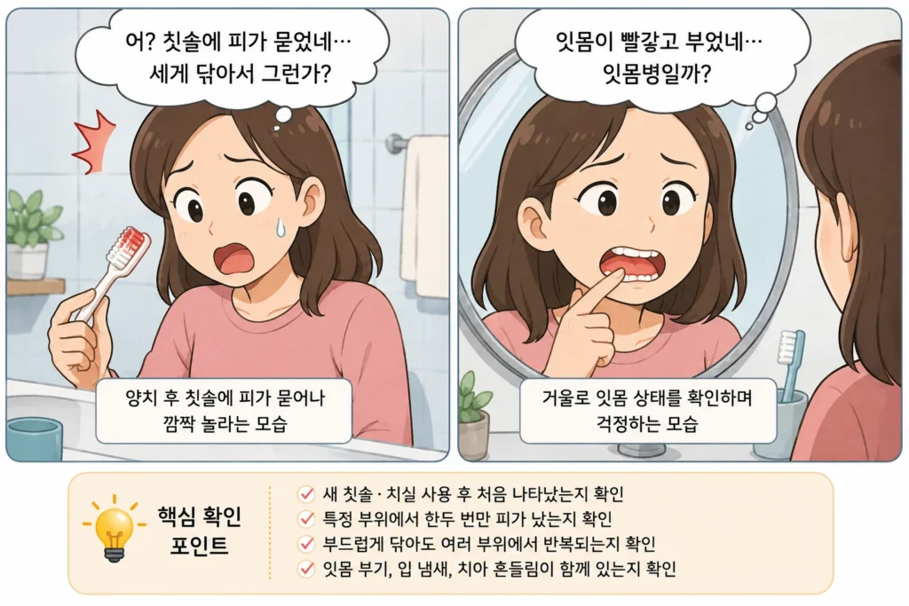 양치 후 칫솔에 피가 묻어 놀라는 여성과 거울로 빨갛고 부은 잇몸을 확인하며 일시적인 자극인지 잇몸병인지 걱정하는 모습을 담은 공감형 2컷 만화