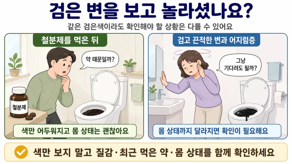 철분제를 먹은 뒤 검은 변을 보고 걱정하는 상황과 검고 끈적한 변에 어지럼증이 함께 나타난 상황을 비교한 공감형 2컷 이미지