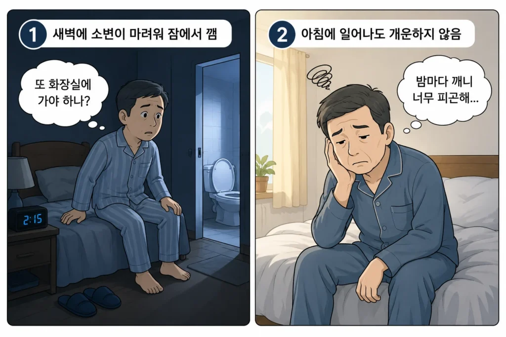 새벽에 소변이 마려워 잠에서 깨 화장실을 고민하는 중년 남성과 밤마다 잠이 끊겨 아침에 피곤해하는 모습을 담은 공감형 2컷 이미지