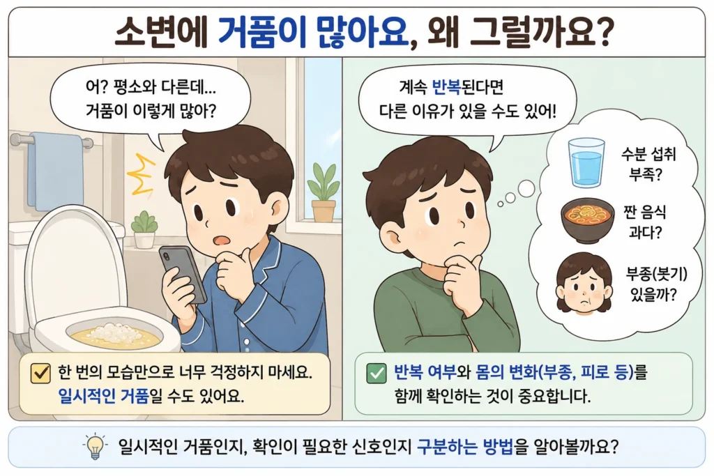 아침에 소변 거품을 보고 놀라는 모습과 거품이 반복되어 수분 섭취와 부종 같은 몸의 변화를 확인하는 모습을 담은 공감형 2컷 이미지