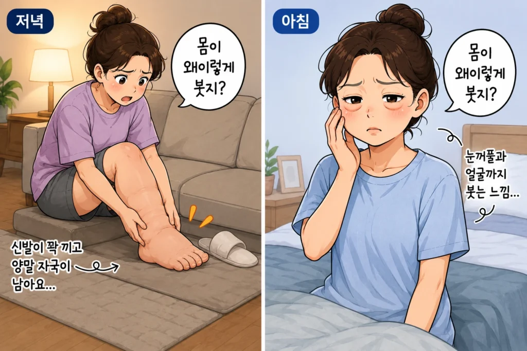 저녁에 신발이 꽉 끼고 양말 자국이 남는 발목 부기와 아침에 눈꺼풀과 얼굴이 붓는 모습을 비교한 2컷 이미지