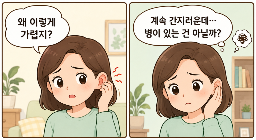 귀 안이 가려워 자꾸 만지고 걱정하는 일반인의 2컷 만화