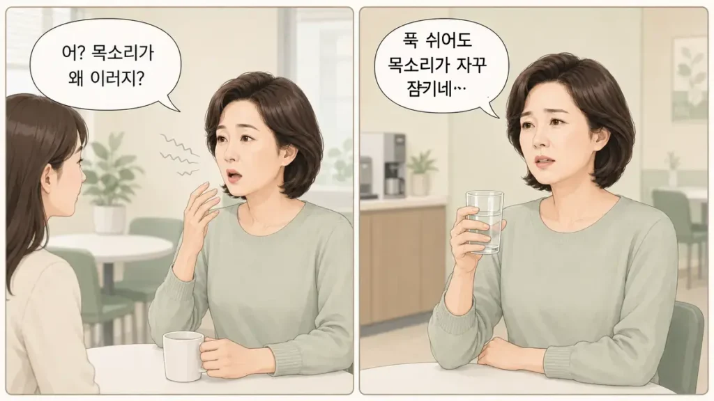 대화 중 목소리가 갈라지고 쉬어도 다시 잠기는 모습을 보여주는 2컷 만화