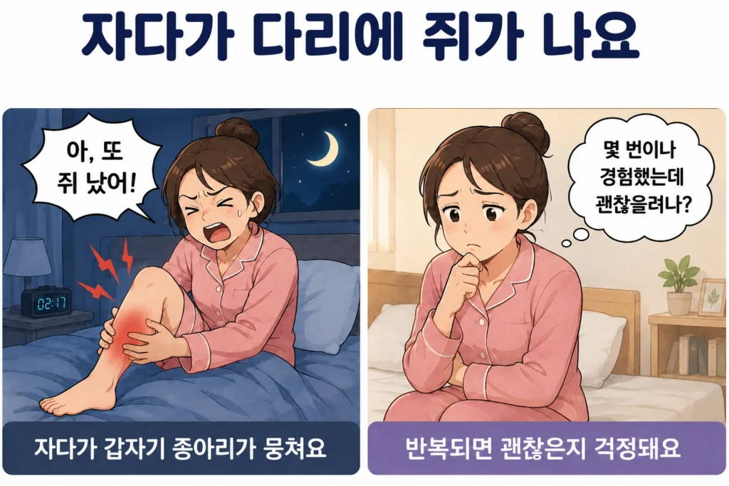 자다가 갑자기 종아리에 쥐가 나 통증을 느끼는 장면과 같은 증상이 반복돼 괜찮은지 걱정하는 장면을 비교한 2컷 이미지
