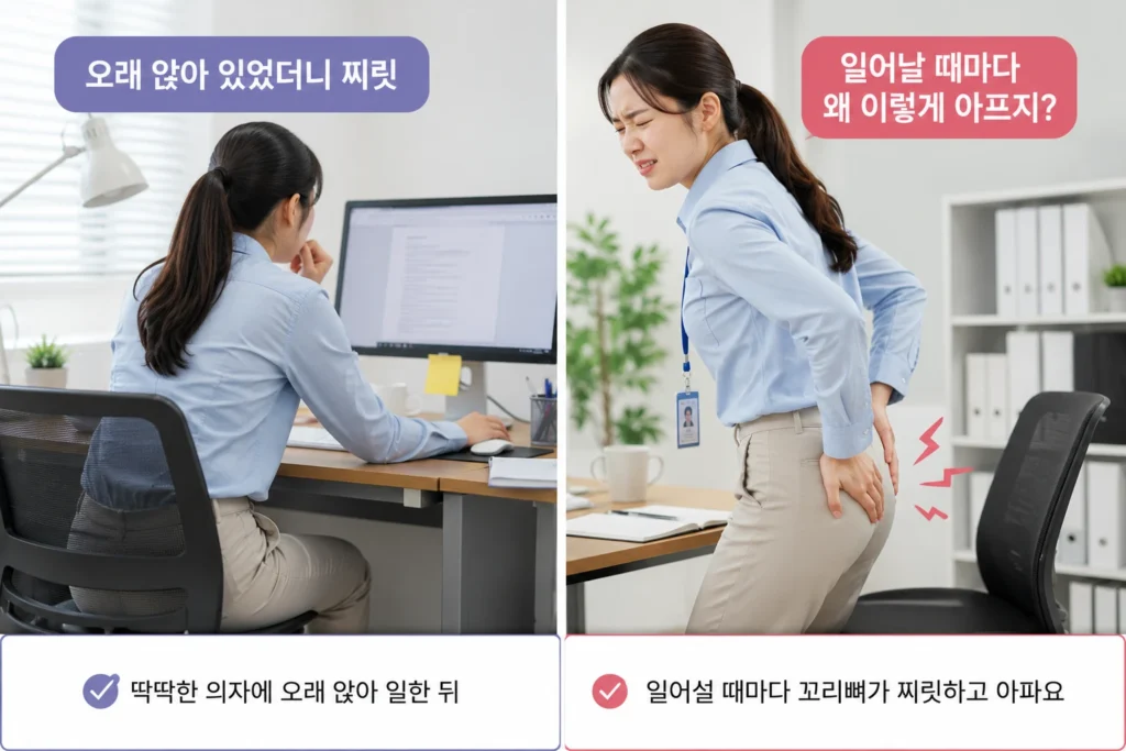딱딱한 의자에 오래 앉아 일한 뒤 일어설 때 꼬리뼈 부위를 짚으며 통증을 느끼는 모습을 비교한 2컷 이미지