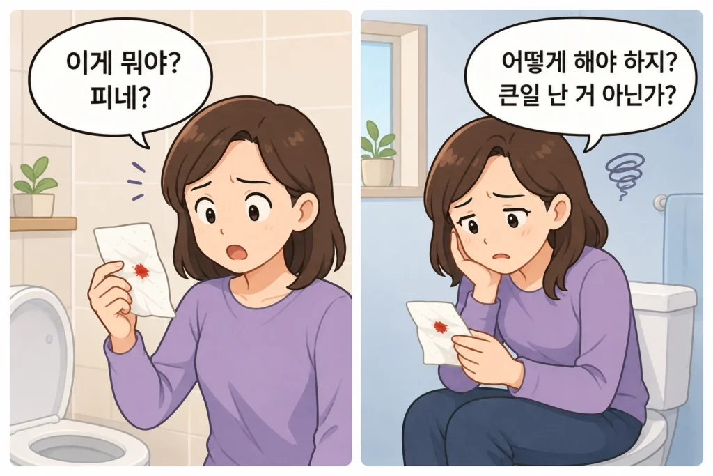 화장실에서 휴지의 선홍색 피를 보고 놀라는 장면과, 큰일 난 건 아닌지 걱정하며 휴지를 다시 보는 장면을 담은 공감형 2컷 이미지