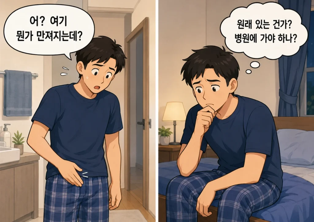 고환 주변에서 뭔가 만져져 놀라는 장면과 원래 있는 구조인지 병원에 가야 하는지 걱정하는 남성을 표현한 공감형 2컷 이미지