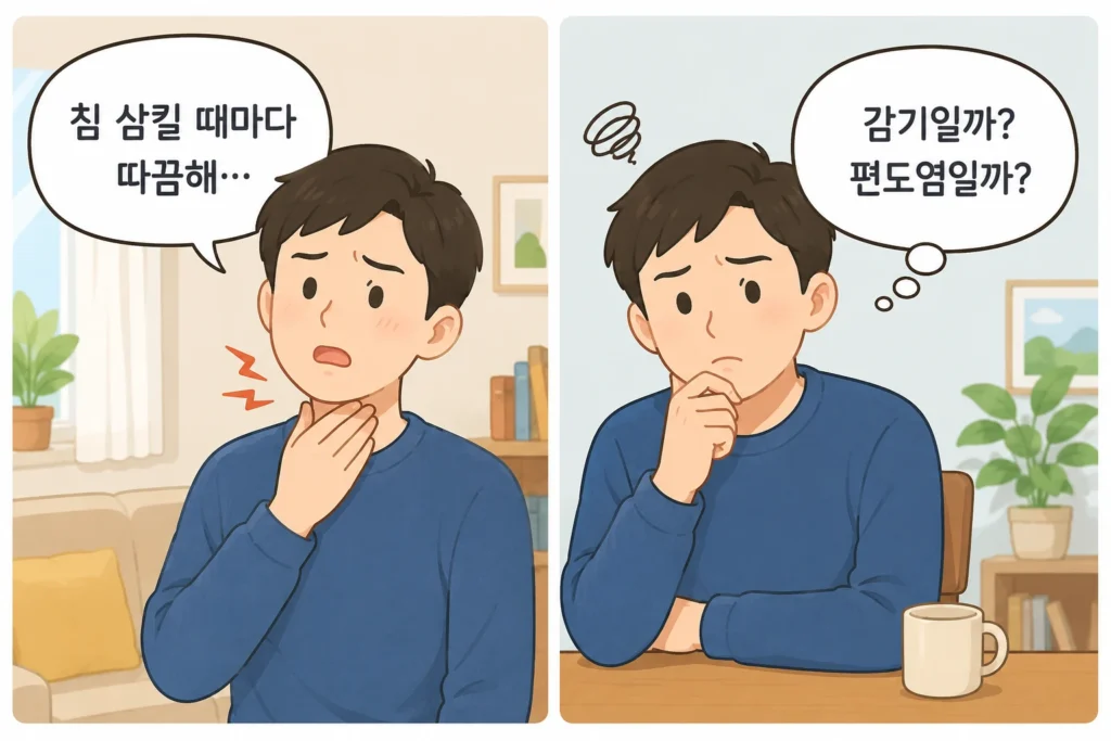 침을 삼킬 때마다 목이 따끔해 목을 잡는 장면과 감기인지 편도염인지 걱정하는 모습을 담은 공감형 2컷 이미지