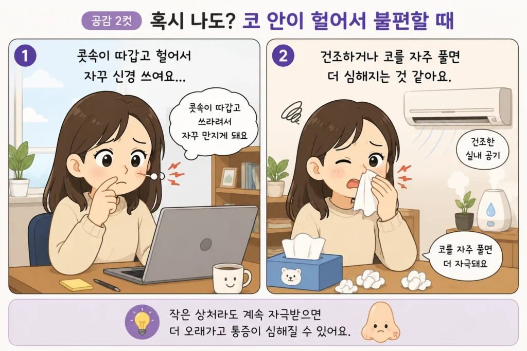 코 안이 따갑고 헐어서 자꾸 신경 쓰이는 장면과 건조한 실내에서 코를 자주 풀어 증상이 더 심해질까 걱정하는 모습을 담은 공감형 2컷 이미지
