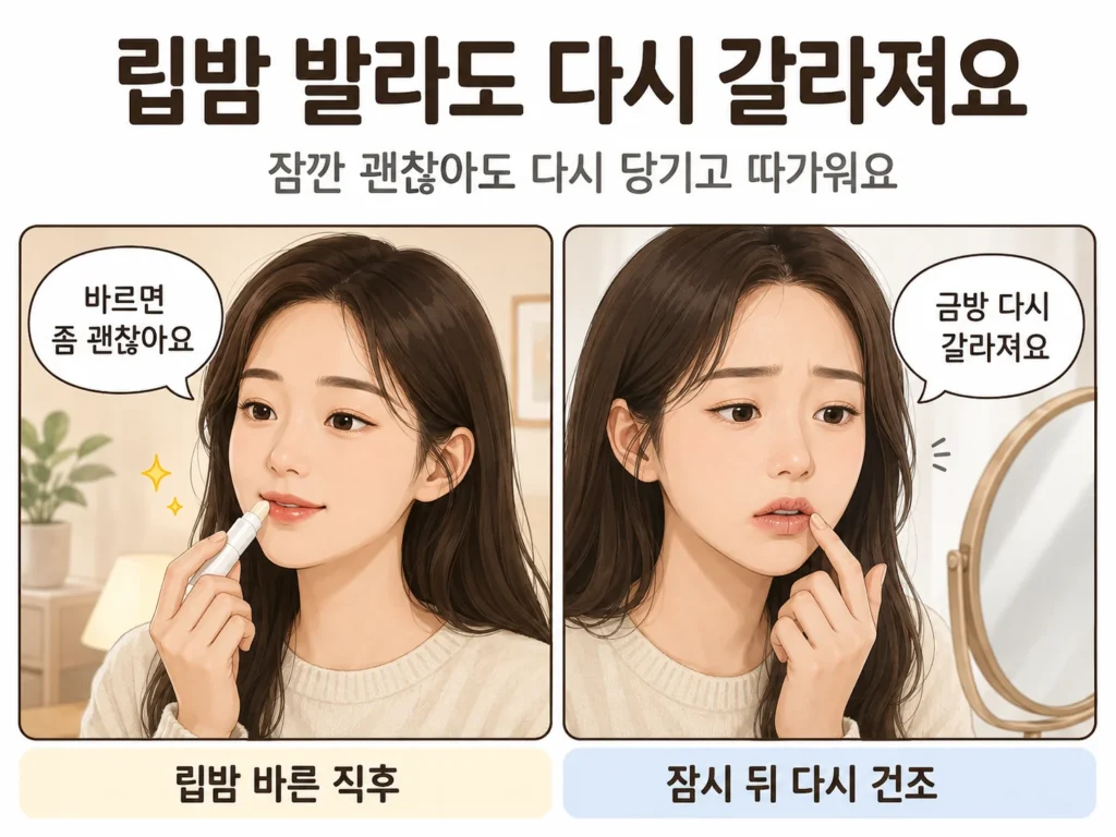 립밤을 바른 직후에는 괜찮지만 잠시 뒤 입술이 다시 당기고 갈라지는 상황을 보여주는 공감형 2컷 만화