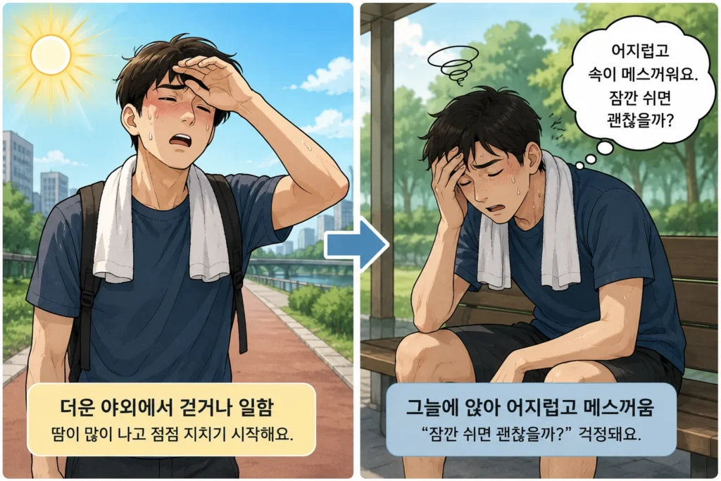 더운 야외에서 땀을 많이 흘리며 지치다가 그늘에 앉아 어지럽고 메스꺼워 잠깐 쉬면 괜찮을지 걱정하는 모습을 보여주는 공감형 2컷 만화