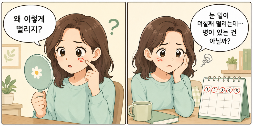 아래 눈꺼풀이 갑자기 떨려 확인하고 증상이 계속될까 걱정하는 일반인의 2컷 만화