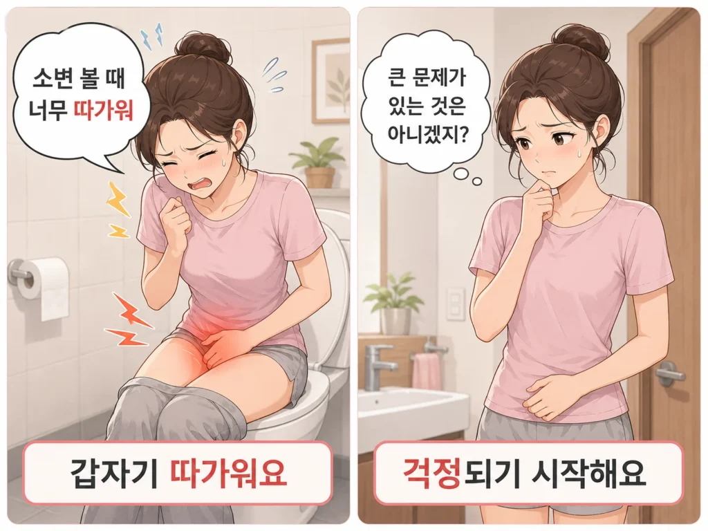 소변을 보다가 따가워 힘들어하는 젊은 여자 캐릭터와, 큰 문제가 있는 것은 아닌지 걱정하는 모습을 보여주는 공감형 2컷 만화