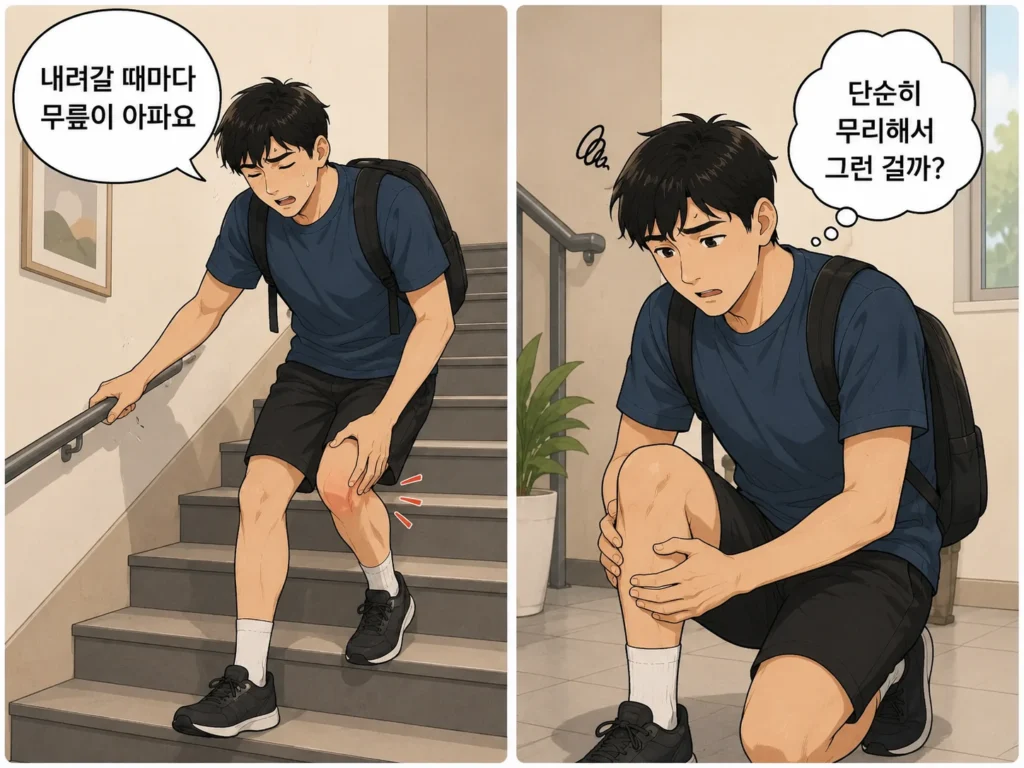 계단을 내려갈 때 무릎 앞쪽이 아픈 남자 캐릭터와 계단 아래에서 무릎을 잡으며 단순 과사용인지 걱정하는 모습을 보여주는 공감형 2컷 만화