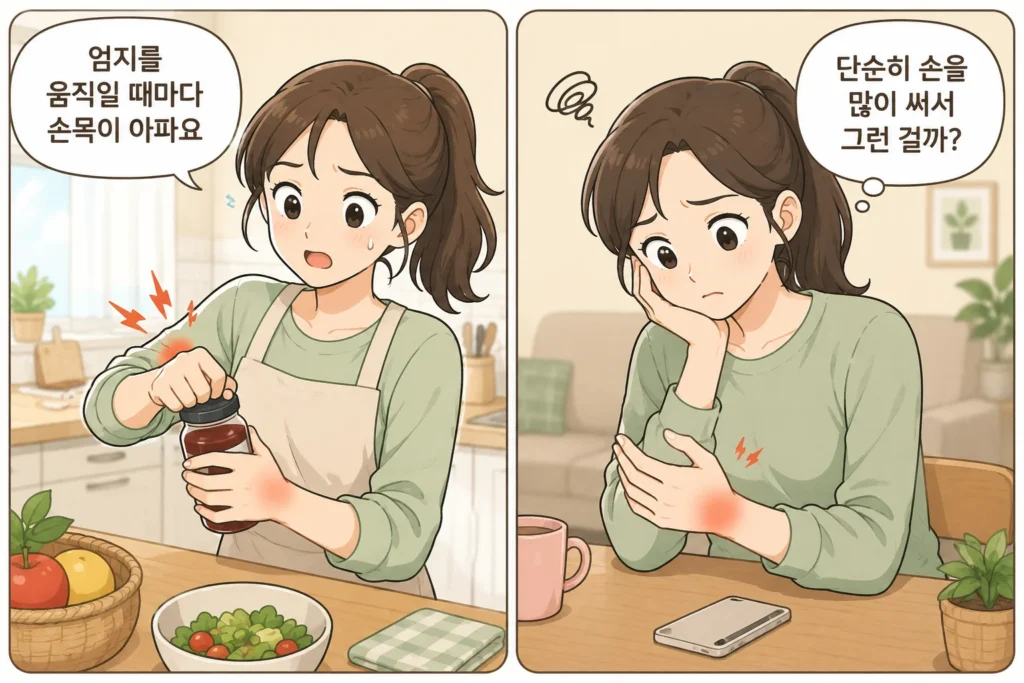 병뚜껑을 돌릴 때 엄지 쪽 손목 통증을 느끼고, 단순히 손을 많이 써서 그런지 걱정하는 대표 여자 캐릭터의 공감형 2컷 만화