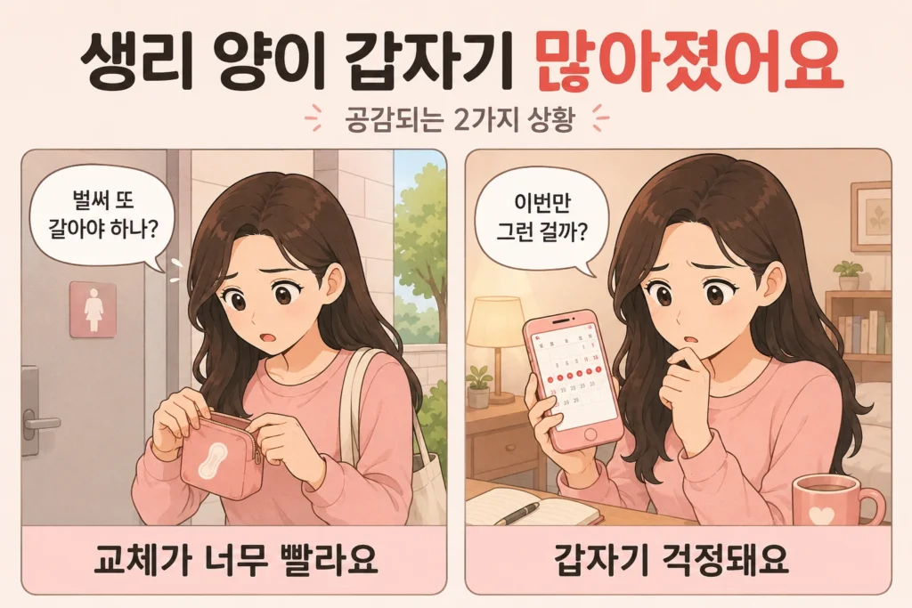 생리 양이 갑자기 많아져 걱정하는 BodyHint 대표 여성 캐릭터의 공감형 2컷 만화 이미지로, 첫 컷은 외출 중 생리용품 교체가 너무 빨라 당황하는 장면, 두 번째 컷은 집에서 생리 기록을 보며 이번만 그런지 걱정하는 장면