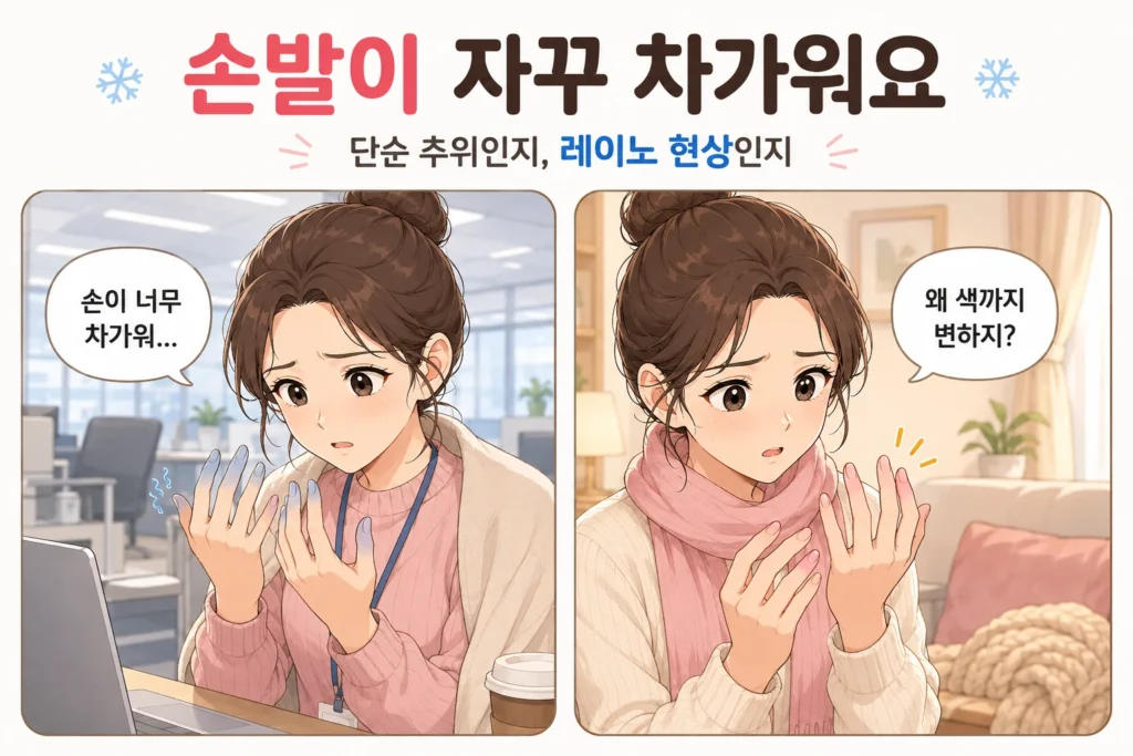 손발이 자꾸 차가워 걱정하는 BodyHint 대표 여성 캐릭터의 공감형 2컷 만화로, 첫 컷은 냉방이 강한 사무실에서 손이 너무 차가워 당황하는 장면, 두 번째 컷은 따뜻한 집에서도 손가락 색이 변해 레이노 현상을 걱정하는 장면
