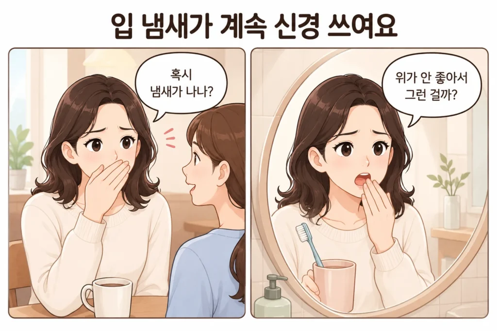 입 냄새가 신경 쓰이는 BodyHint 대표 여성 캐릭터의 공감형 2컷 만화로, 첫 컷은 가까이 대화하며 혹시 냄새가 나는지 걱정하는 장면, 두 번째 컷은 양치 후 거울을 보며 위장 문제인지 고민하는 장면