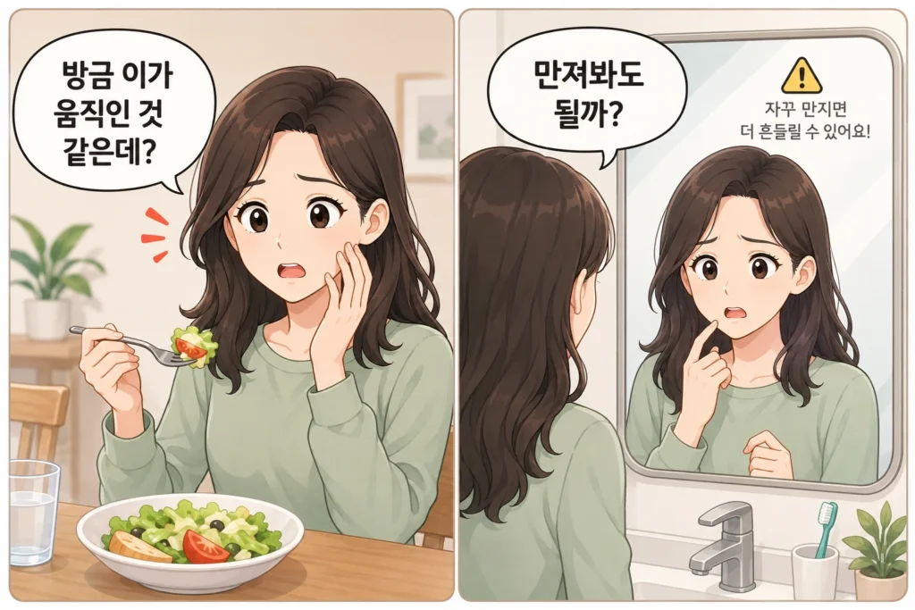 이가 흔들리는 느낌이 들어 걱정하는 BodyHint 대표 여성 캐릭터의 공감형 2컷 만화로, 첫 컷은 식사 중 치아가 움직인 것 같아 놀라는 장면, 두 번째 컷은 거울 앞에서 손가락으로 만져볼지 고민하다 멈추는 장면